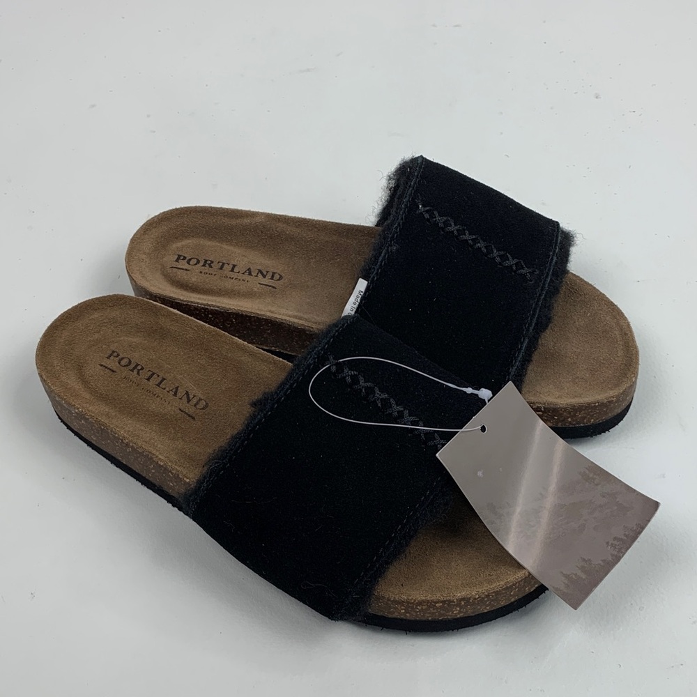 Portland Boot Company Black Sherpa Slide Sandals Size 6 Brown base New NWT